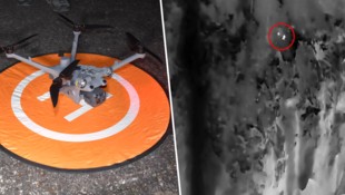 Das Hightech-Fluggerät entdeckte die beiden Jäger im steilen Gelände (rechts im roten Kreis).