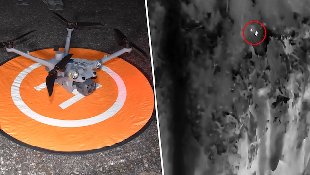 Das Hightech-Fluggerät entdeckte die beiden Jäger im steilen Gelände (rechts im roten Kreis).