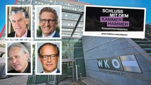 Die gewichtigen Unternehmer Michael Tojner (o. li.), Initiator Stephan Zöchling (o. re.), Martin ...