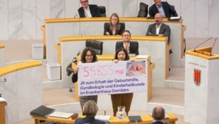 Eva Hammerer (Grüne) und Manuela Auer (SPÖ) entrollten ein Plakat, auf dem sie auf die Petition ...