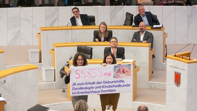 Eva Hammerer (Grüne) und Manuela Auer (SPÖ) entrollten ein Plakat, auf dem sie auf die Petition ...