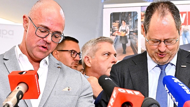 Arbeitgeber-Vertreter Mario Ferrari (li.) und WKÖ-Handelsobmann Rainer Trefelik sind noch weit ...