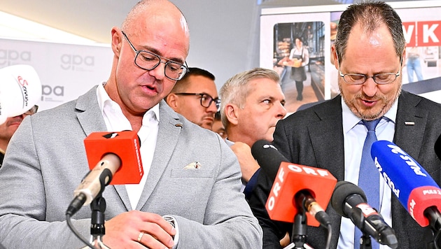 Arbeitgeber-Vertreter Mario Ferrari (li.) und WKÖ-Handelsobmann Rainer Trefelik sind noch weit ...