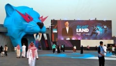 Den Eingang zu dem Freizeitpark bildet ein riesiger blauer Tigerkopf im Stil des Logos von ...