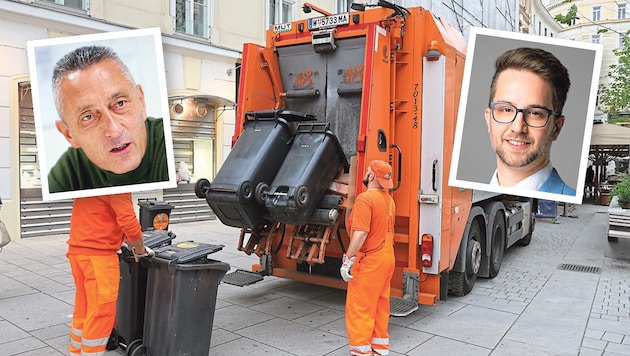Josef Thon (links), Chef der MA 48 (Müllabfuhr), verteidigt das Vorhaben. Kilian Stark von den ...