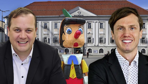 Vize Jonke (links) bezeichnet seinen Amtskollegen Rabitsch (rechts) als Pinocchio (Mitte).