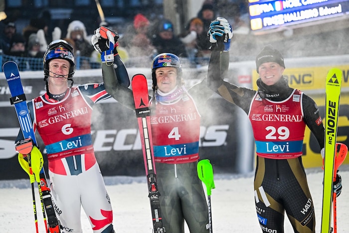Clement Noel, Lucas Braathen and Eduard Hallberg (from left to right)