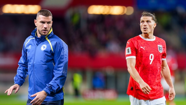 Edin Dzeko (l.) und Marcel Sabitzer (r.) stehen sich heute im Happel-Oval gegenüber.