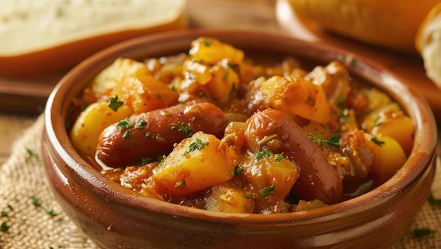 Falls Sie das Gulasch etwas sämiger möchten, können Sie am Ende ein paar Kartoffelstücke mit ...