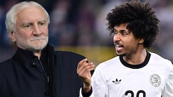 DFB-Sportboss Rudi Völler (li.) und Karim Adeyemi