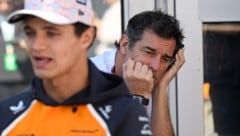 Webber (rechts) steht mit Piastri im Schatten von Lando Norris (links)