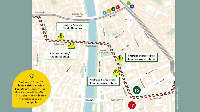 Die Linien 16 und 17 fahren nicht über den Hauptplatz, sondern über den Andreas-Hofer-Platz.