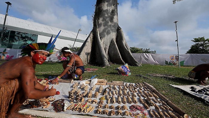 Vertreter der indigenen Bevölkerung Brasiliens verkaufen Handwerkskunst am Rande des ...