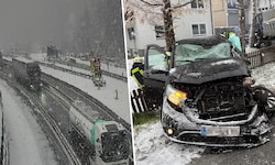 Dichtes Schneetreiben Donnerstagfrüh auf der Brennerautobahn (links). In Münster kam es zu einer ...
