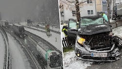 Dichtes Schneetreiben Donnerstagfrüh auf der Brennerautobahn (links). In Münster kam es zu einer ...