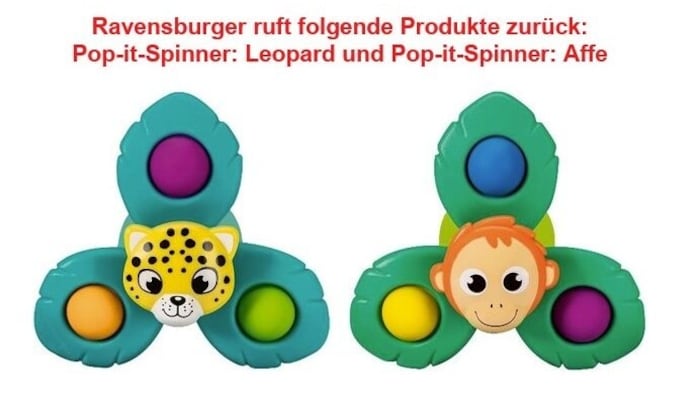 Die Spielzeuge „Pop-it Spinner: Leopard“ und „Pop-it Spinner: Affe“ (rechts) aus der ...