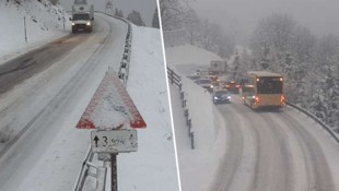 Am Arlbergpass (links) herrschte Kettenpflicht. Schneefahrbahn und Behinderungen gab es in der ...