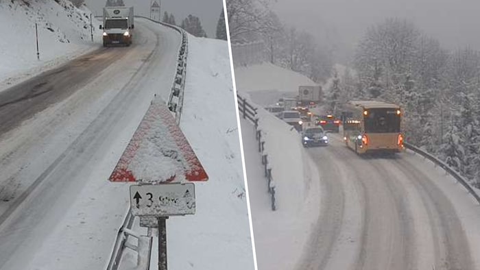 Am Arlbergpass (links) herrschte Kettenpflicht. Schneefahrbahn und Behinderungen gab es in der ...