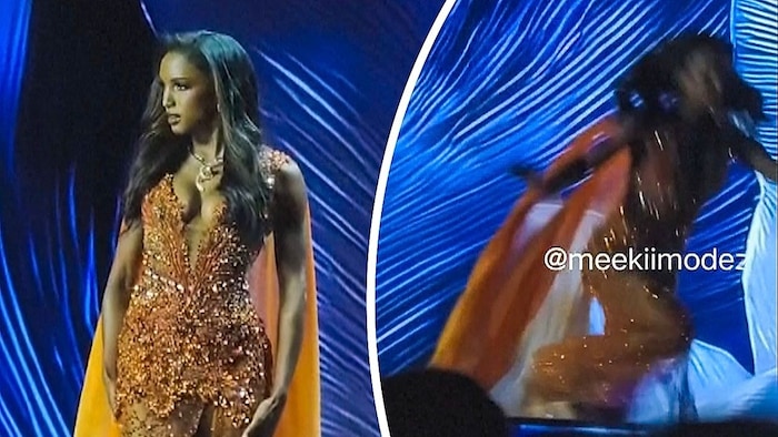 Die Kandidatin für Jamaika stürzte bei der Halbfinal-Show schwer. Noch vor den Augen der ...