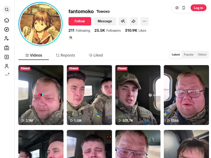 Videos of crying soldiers were uploaded to this TikTok account, all of which are fake.
