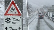 Dichter Schneefall auf der Brennerautobahn, hier bei der Auffahrt Patsch.