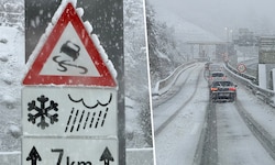 Dichter Schneefall auf der Brennerautobahn, hier bei der Auffahrt Patsch.
