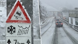 Dichter Schneefall auf der Brennerautobahn, hier bei der Auffahrt Patsch.