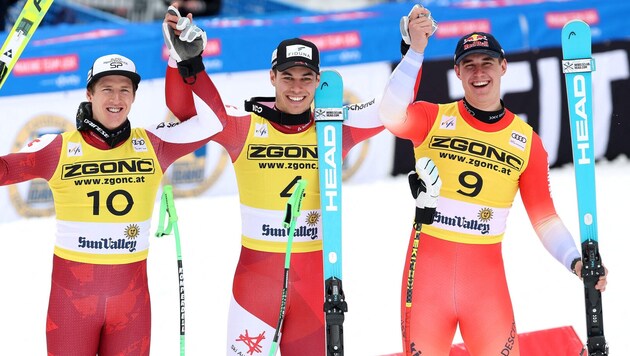 Im März feierte Lukas Feurstein (M.) in Sun Valley seinen ersten Weltcupsieg vor Raphi Haaser ...