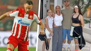 Marko Arnautovic, links im Dress von Roter Stern Belgrad, rechts mit Frau und Kindern