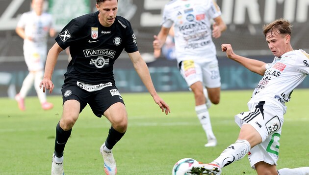 Sturm (hier Beganovic) ist am Sonntag in Hartberg (r. Wilfinger) unter Zugzwang.