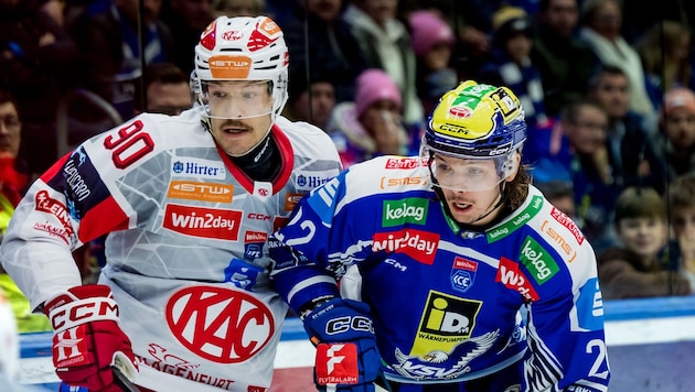 Villachs Scherbak (re.) und KAC-Stürmer Matt Fraser.