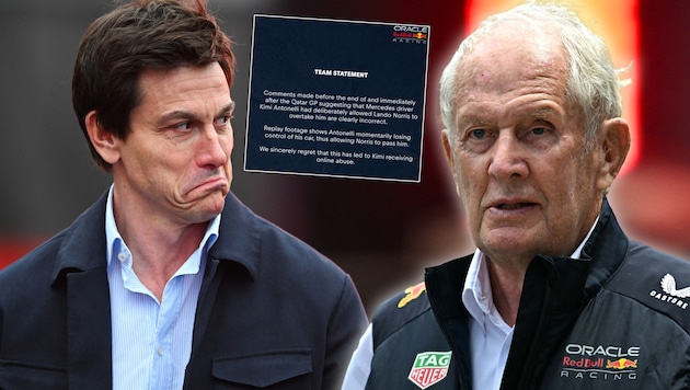 Nach dem Rennen in Katar beschuldigte Helmut Marko (re.) Mercedes (mit Teamchef Toto Wolff). Am ...