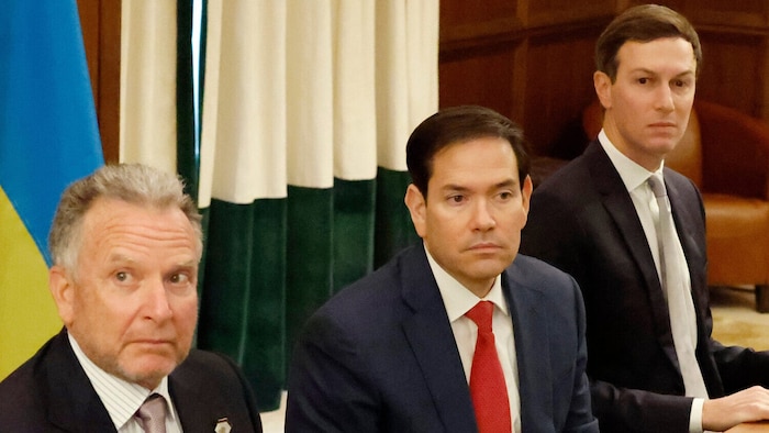 Der US-Gesandte Steve Witkoff, US-Außenminister Marco Rubio und der Schwiegersohn von Präsident ...