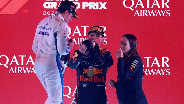 Chefstrategien Hannah Schmitz (re.) feierte mit Max Verstappen den Sieg in Katar.
