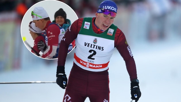 Alexander Bolshunov (re.) attackierte im Ziel plötzlich seinen Konkurrenten Alexander Bakurov.