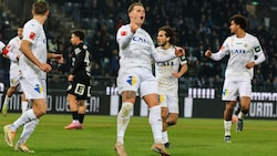 Doppelpacker Nikolai Baden Frederiksen jubelt über den WSG-Sieg bei Meister SK Sturm Graz …