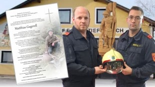 Kommandant Martin Grubmann und Stellvertreter Josef Bertl mit dem Helm ihres verstorbenen ...