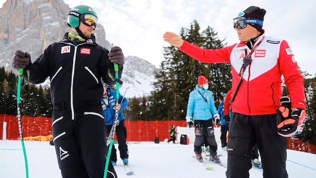 Max Franz (li.) mit Onkel Werner darf sich in Gröden in der internen Qualifikation versuchen.