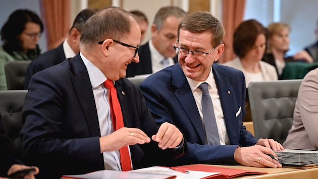 Winkler (li.) und Achleitner können offenbar ganz gut, bei Fragen zur Energiezukunft verfliegt ...