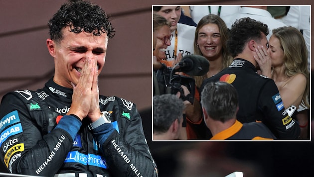 Tränen der Freude und Erleichterung bei Lando Norris. Seine Freundin und seine Familie freuen ...