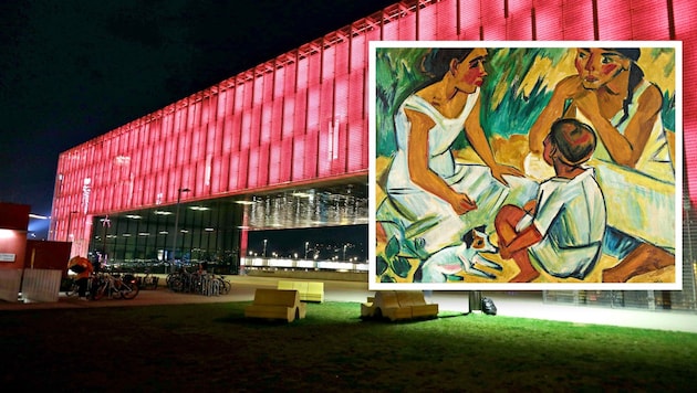 Lentos Kunstmuseum in der Nacht; Werk von Max Pechstein