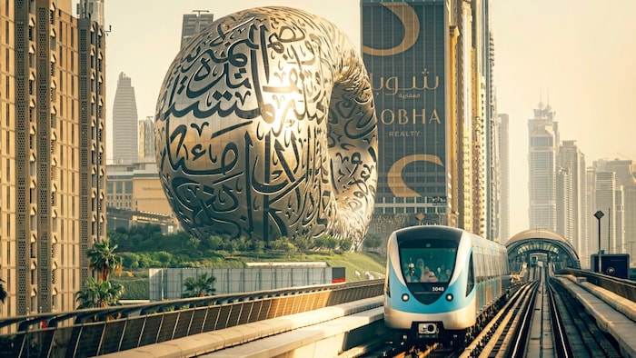 Direkt am Museum of the Future fährt die fahrerlose Dubai Metro vorbei.