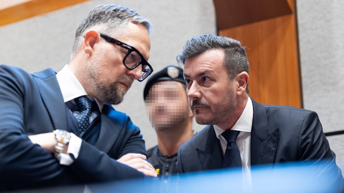 Norbert Wess with his client René Benko in court in Innsbruck on Wednesday