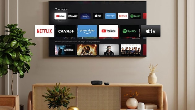 Die Streaming Box Plus 270 von Thomson – das kleine schwarze Kästchen auf dem Regal – macht aus ...