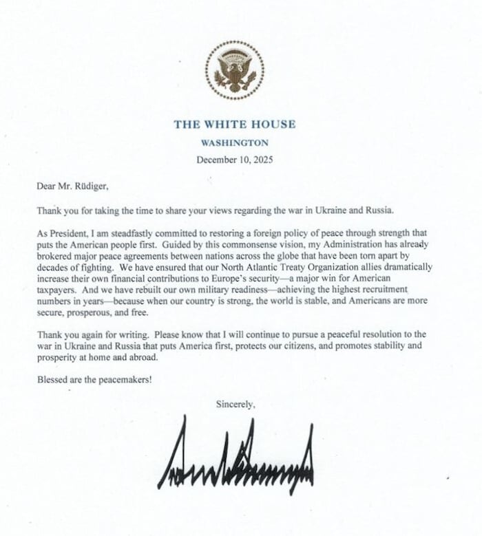 Diesen Brief erhielt „Money Maker“ Alexander Rüdiger von Doland Trump.