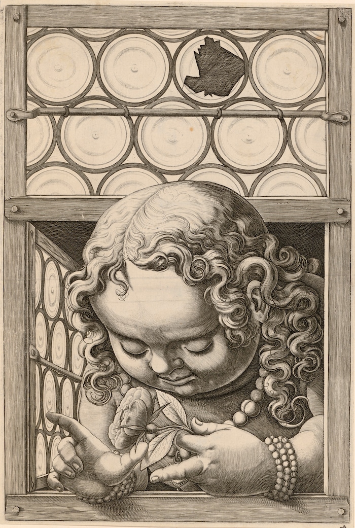 Niederlandischer oder deutscher Künstler Mädchen im Fenster, Um 1590 41,2 × 28 cm, Kupferstich
