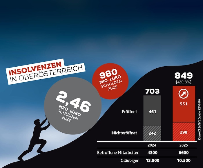 849 Unternehmen mit 6600 betroffenen Mitarbeitern mussten heuer Insolvenz anmelden.