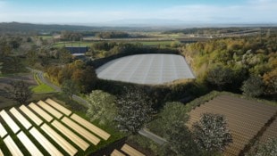 So soll der fertige „Sonnenspeicher Süd“ am Gelände des Basaltsteinbruchs in Weitendorf bei ...