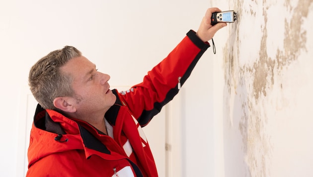 Bauphysiker Florian F. prüft die Feuchtigkeitswerte in der Wand einer von Schimmel befallenen ...