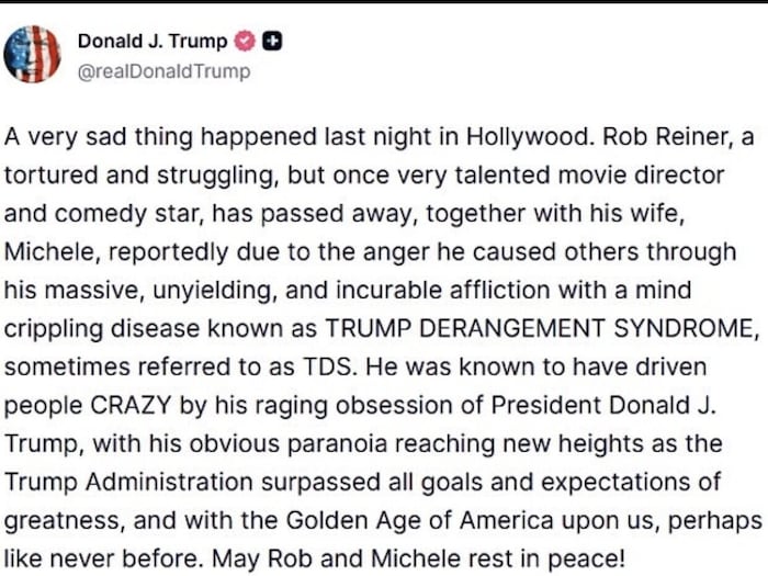 Dieses Posting von Donald Trump nach dem Tod von Regisseur Rob Reiner sorgt für Empörung.